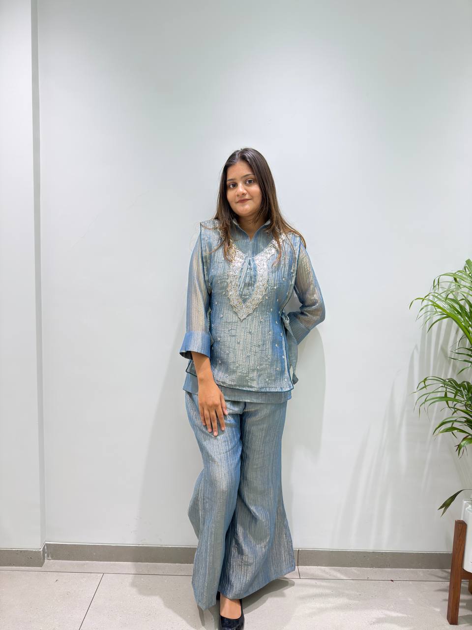 Steel Blue Designer Shirt, Pant with Embroidery Beads Work Shrug Set