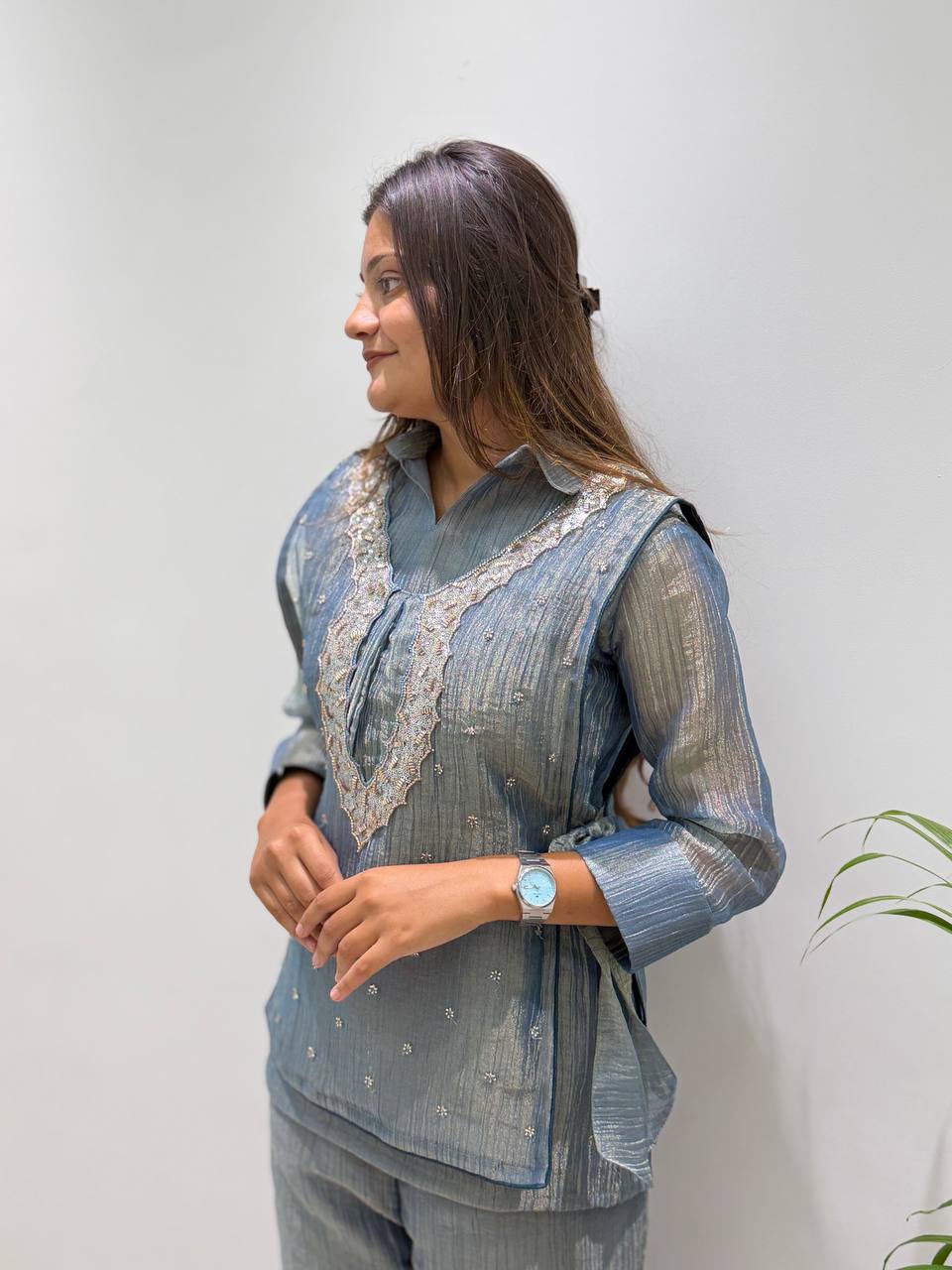Steel Blue Designer Shirt, Pant with Embroidery Beads Work Shrug Set