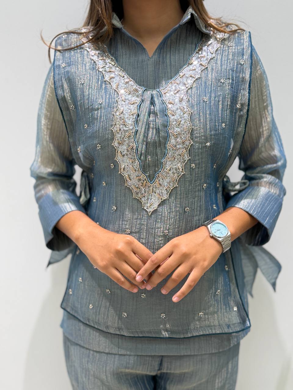 Steel Blue Designer Shirt, Pant with Embroidery Beads Work Shrug Set