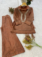 Champagne Gold Designer Shirt, Pant with Embroidery Beads Work Shrug Set
