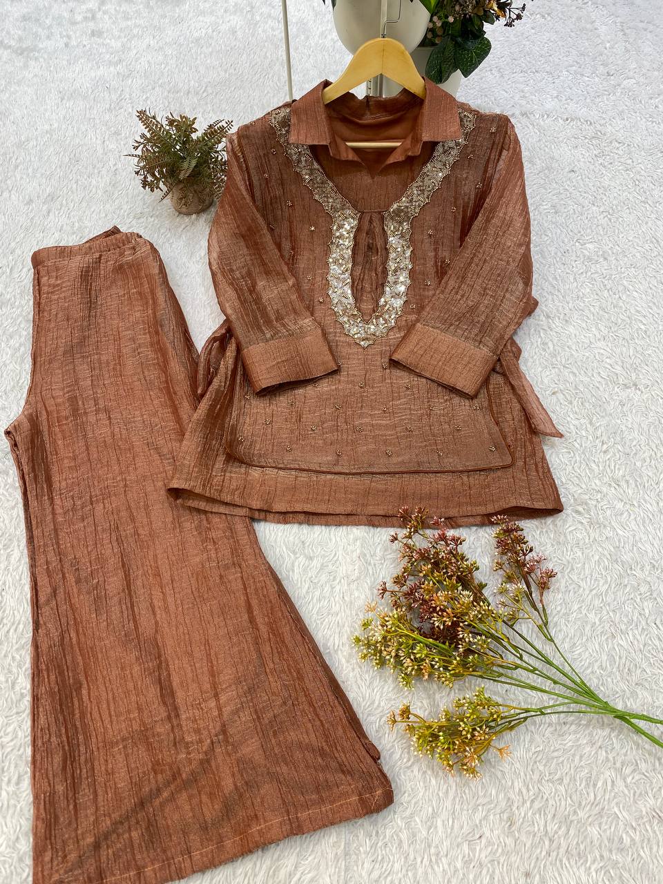 Champagne Gold Designer Shirt, Pant with Embroidery Beads Work Shrug Set