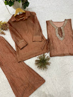 Champagne Gold Designer Shirt, Pant with Embroidery Beads Work Shrug Set