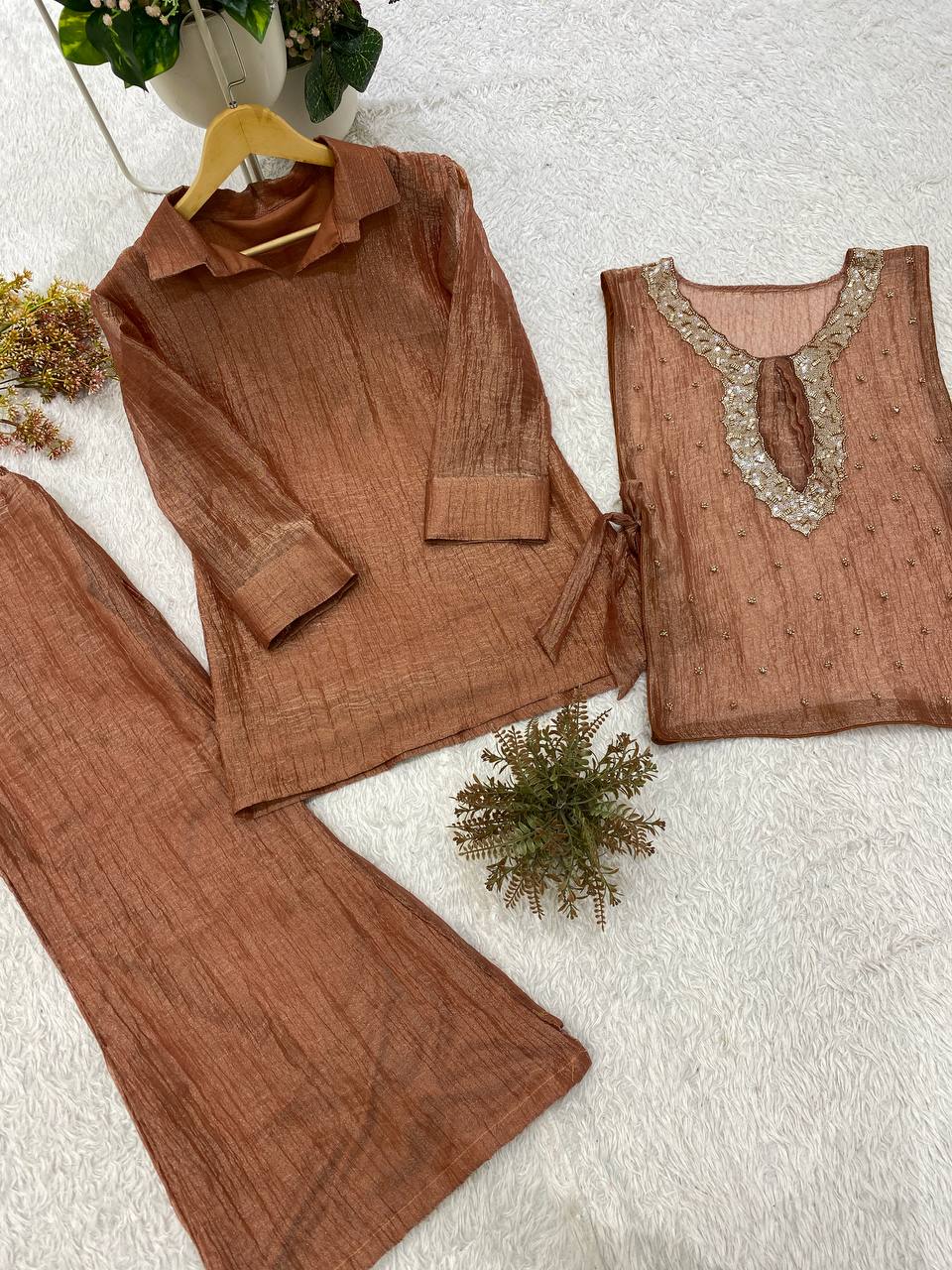 Champagne Gold Designer Shirt, Pant with Embroidery Beads Work Shrug Set