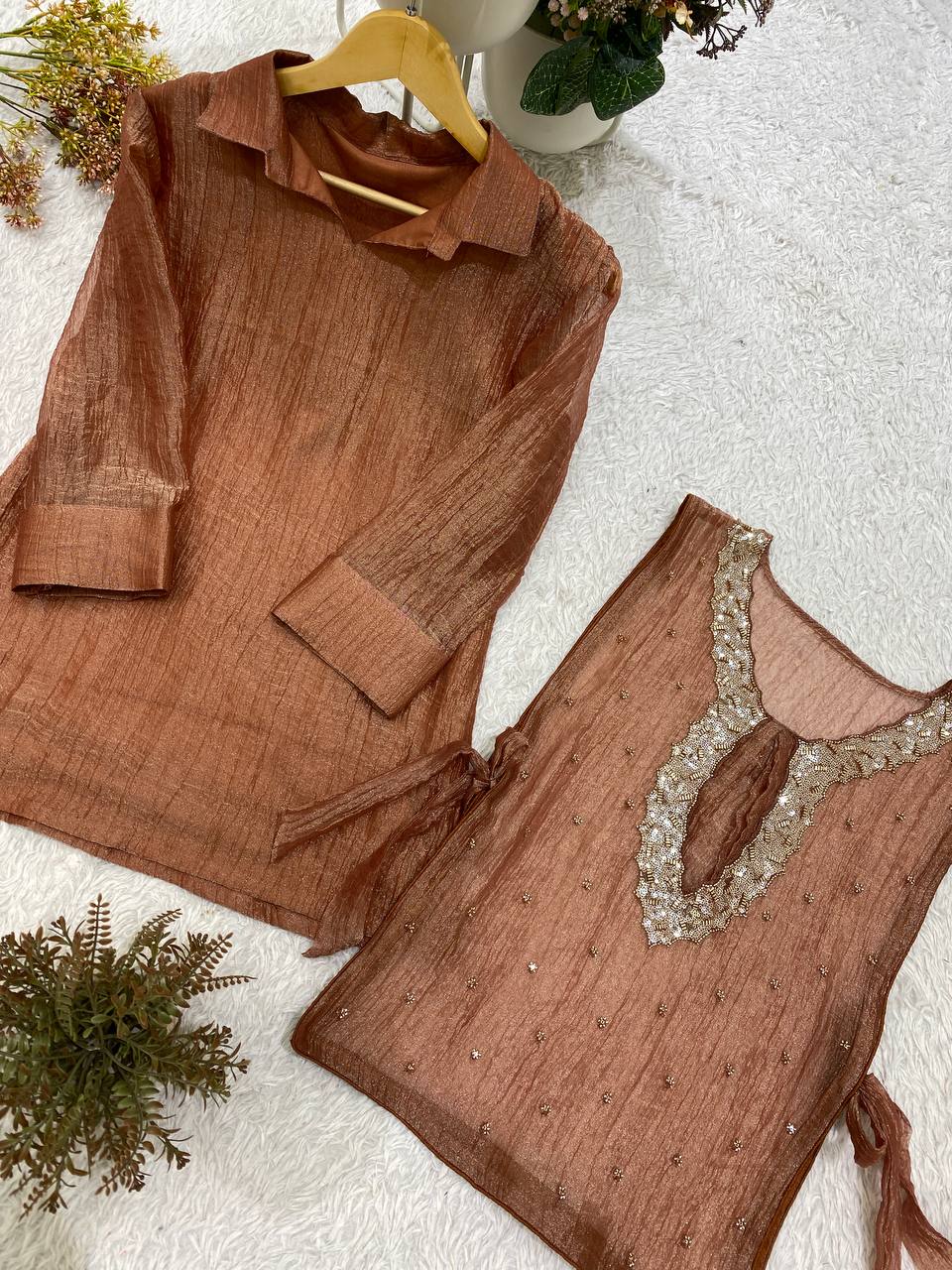Champagne Gold Designer Shirt, Pant with Embroidery Beads Work Shrug Set