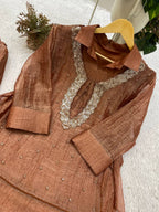 Champagne Gold Designer Shirt, Pant with Embroidery Beads Work Shrug Set