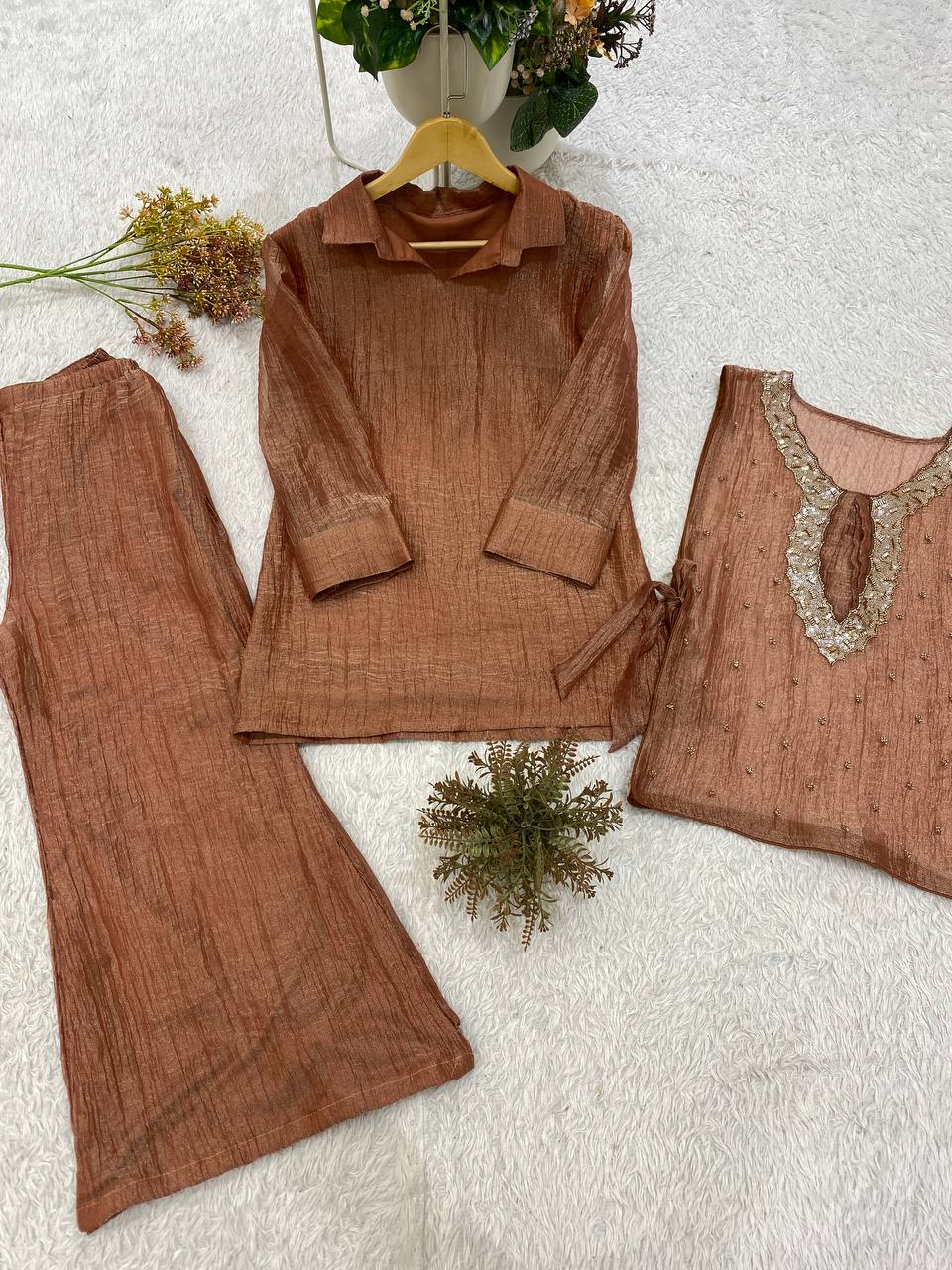 Champagne Gold Designer Shirt, Pant with Embroidery Beads Work Shrug Set