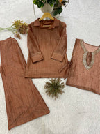 Champagne Gold Designer Shirt, Pant with Embroidery Beads Work Shrug Set