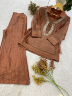 Champagne Gold Designer Shirt, Pant with Embroidery Beads Work Shrug Set