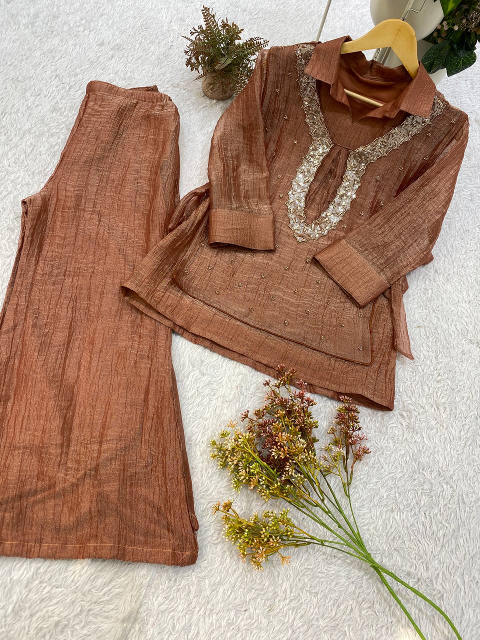 Champagne Gold Designer Shirt, Pant with Embroidery Beads Work Shrug Set