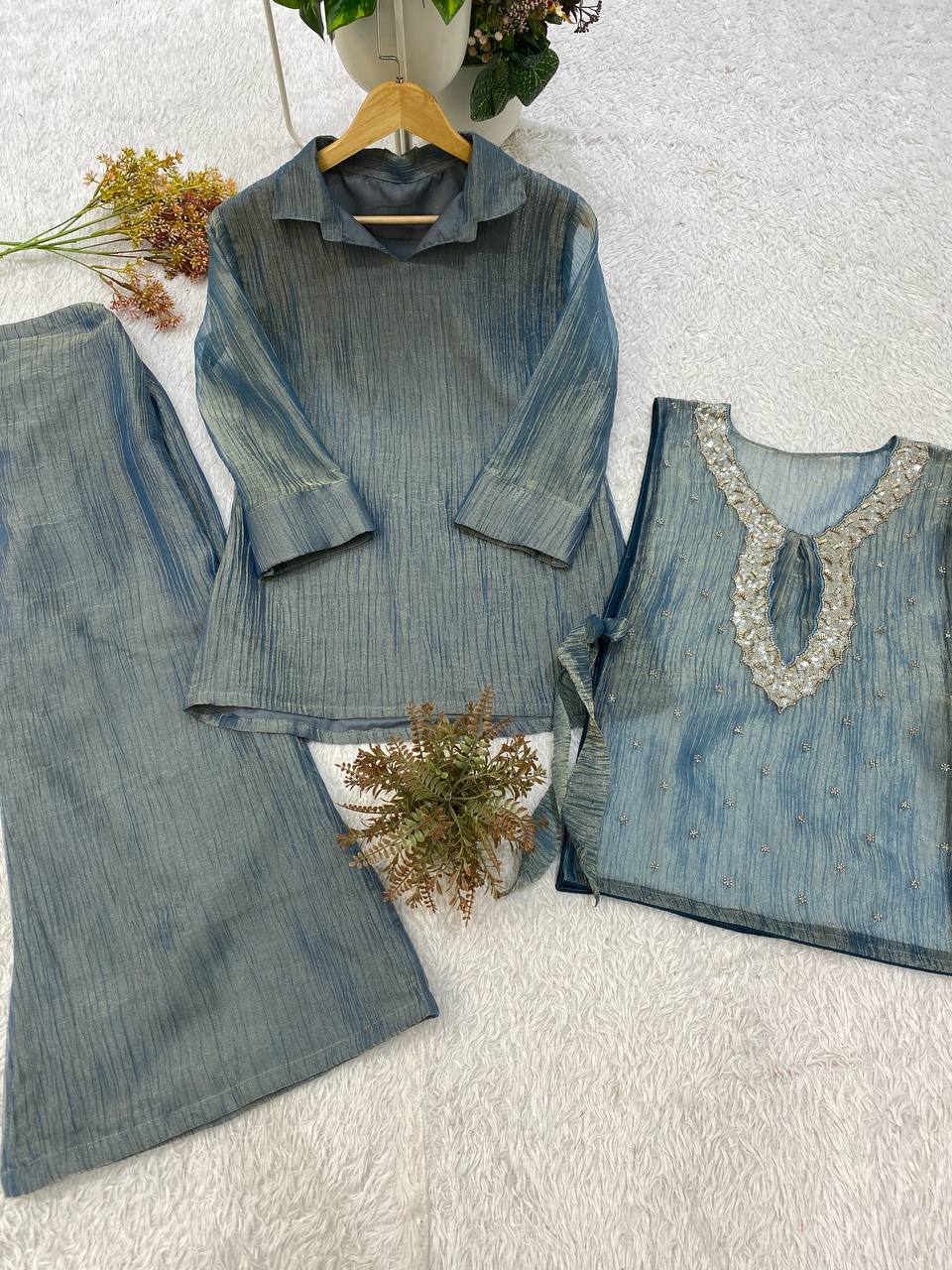 Steel Blue Designer Shirt, Pant with Embroidery Beads Work Shrug Set