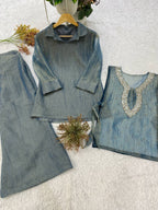 Steel Blue Designer Shirt, Pant with Embroidery Beads Work Shrug Set