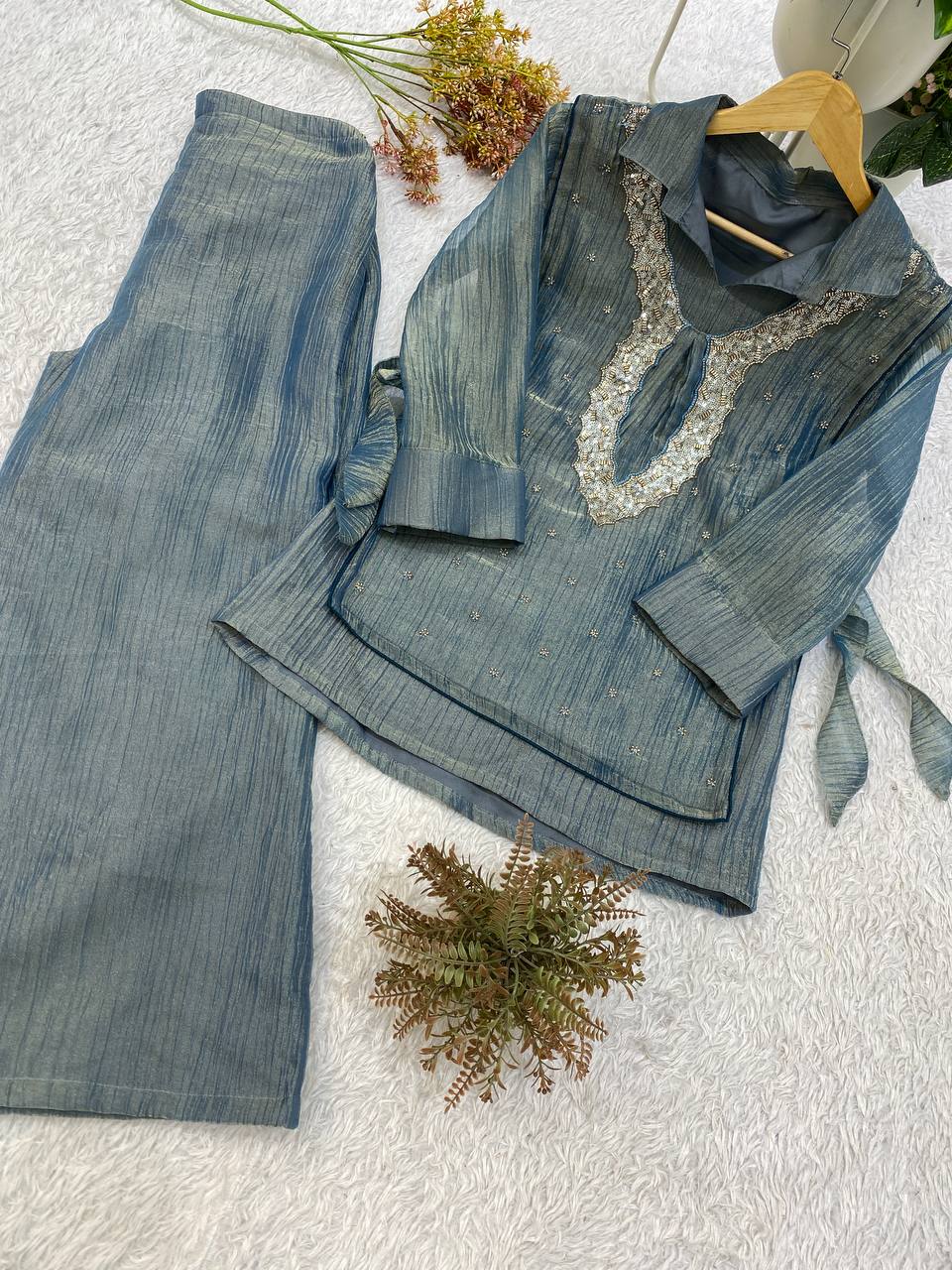 Steel Blue Designer Shirt, Pant with Embroidery Beads Work Shrug Set