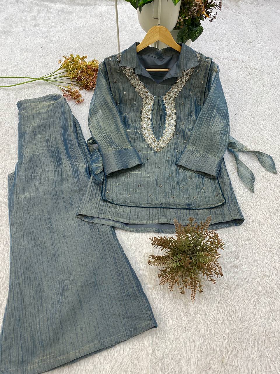 Steel Blue Designer Shirt, Pant with Embroidery Beads Work Shrug Set