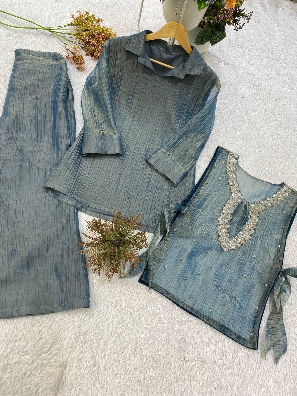 Steel Blue Designer Shirt, Pant with Embroidery Beads Work Shrug Set