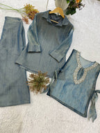 Steel Blue Designer Shirt, Pant with Embroidery Beads Work Shrug Set