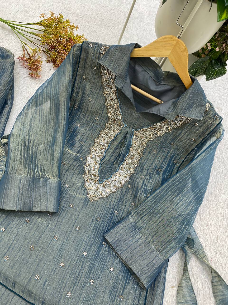 Steel Blue Designer Shirt, Pant with Embroidery Beads Work Shrug Set