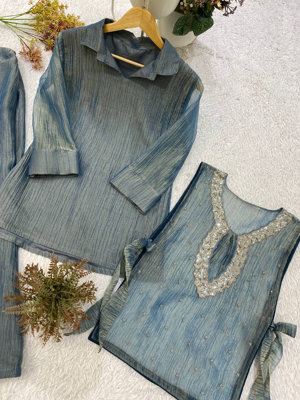 Steel Blue Designer Shirt, Pant with Embroidery Beads Work Shrug Set