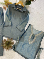 Steel Blue Designer Shirt, Pant with Embroidery Beads Work Shrug Set