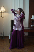 Wine Purple Sequence Embroidered Peplum Top, Palazzo and Dupatta Set