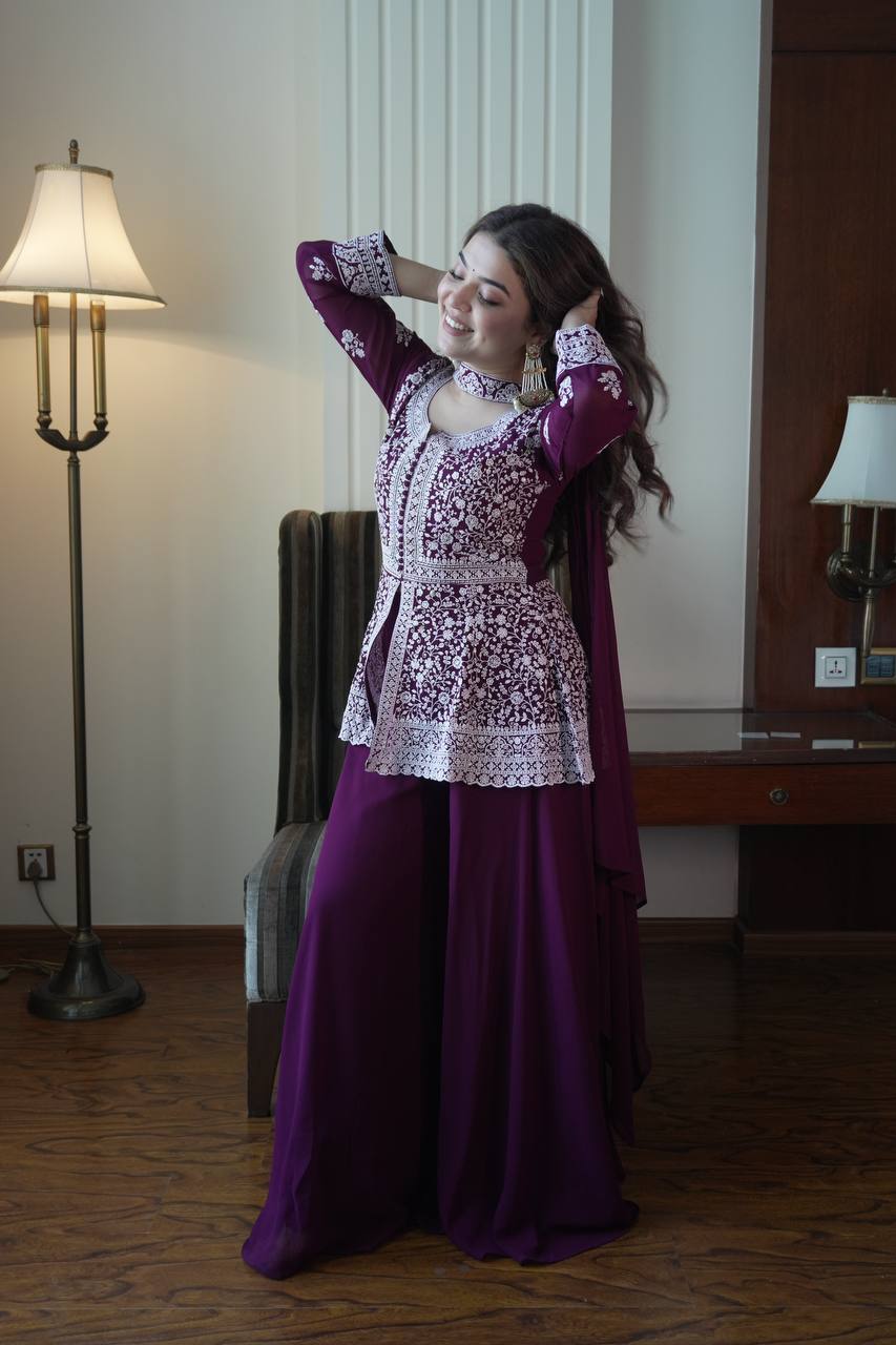 Wine Purple Sequence Embroidered Peplum Top, Palazzo and Dupatta Set