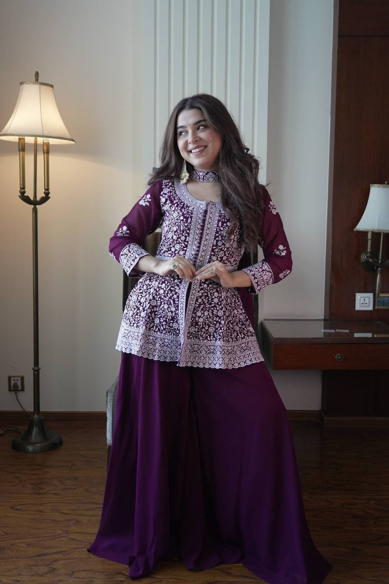 Wine Purple Sequence Embroidered Peplum Top, Palazzo and Dupatta Set