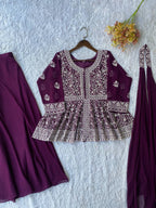 Wine Purple Sequence Embroidered Peplum Top, Palazzo and Dupatta Set
