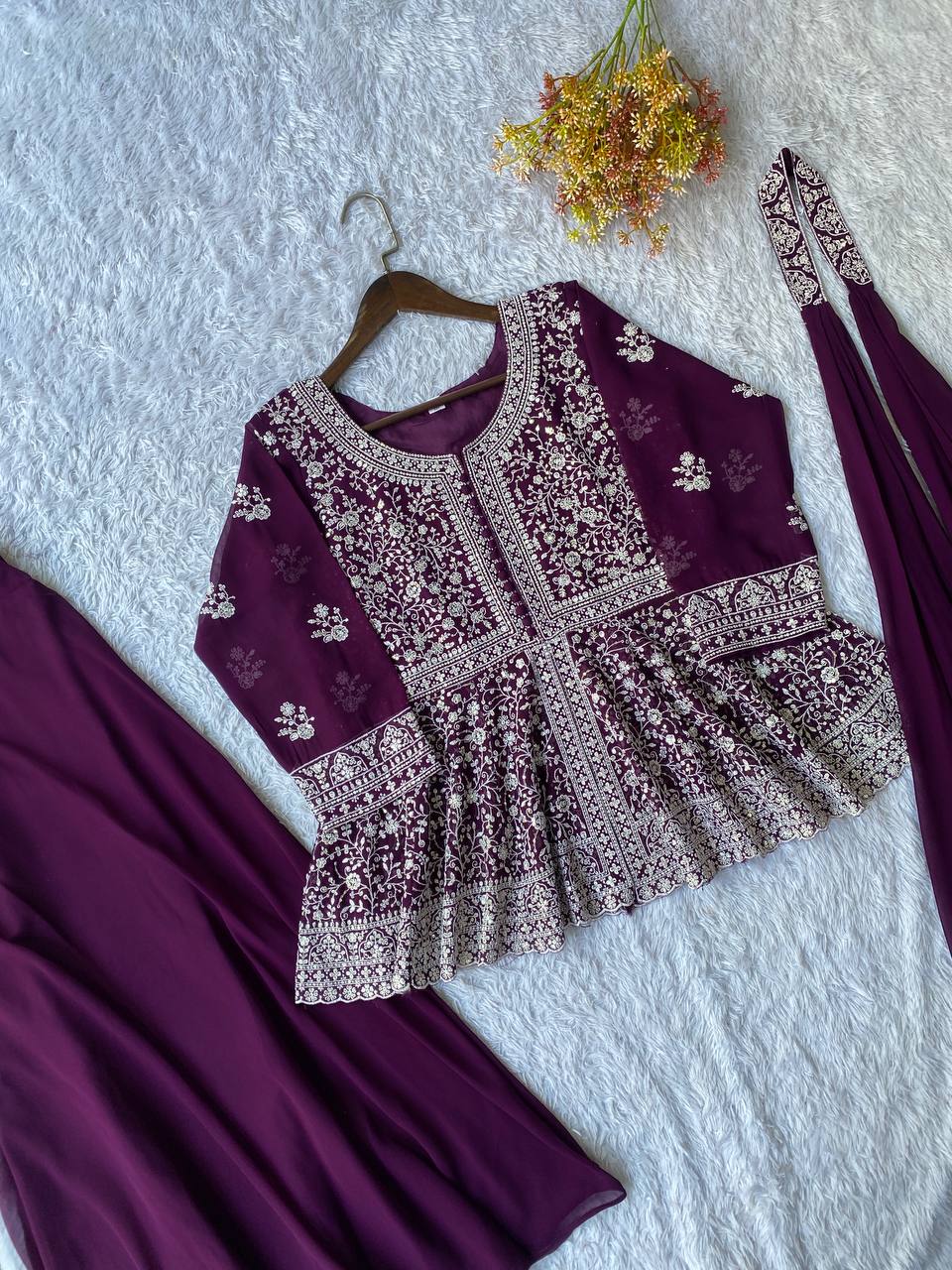 Wine Purple Sequence Embroidered Peplum Top, Palazzo and Dupatta Set