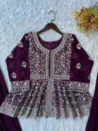 Wine Purple Sequence Embroidered Peplum Top, Palazzo and Dupatta Set