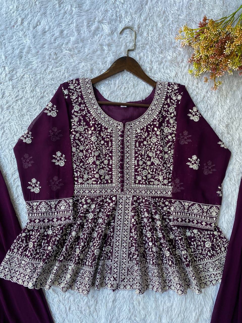 Wine Purple Sequence Embroidered Peplum Top, Palazzo and Dupatta Set