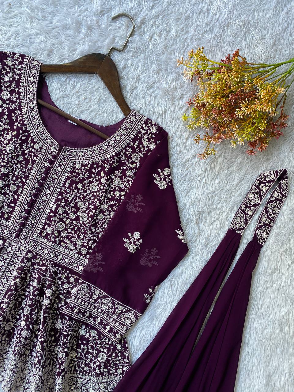 Wine Purple Sequence Embroidered Peplum Top, Palazzo and Dupatta Set