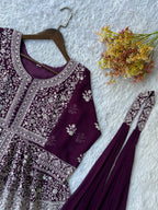 Wine Purple Sequence Embroidered Peplum Top, Palazzo and Dupatta Set