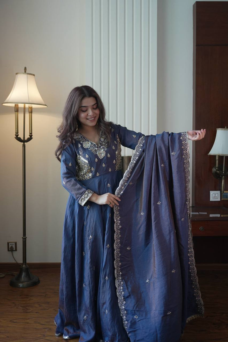 Navy Blue Desi Princess Beads Sequence Embroidered Gown, Pant and Dupatta Set