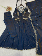 Navy Blue Desi Princess Beads Sequence Embroidered Gown, Pant and Dupatta Set