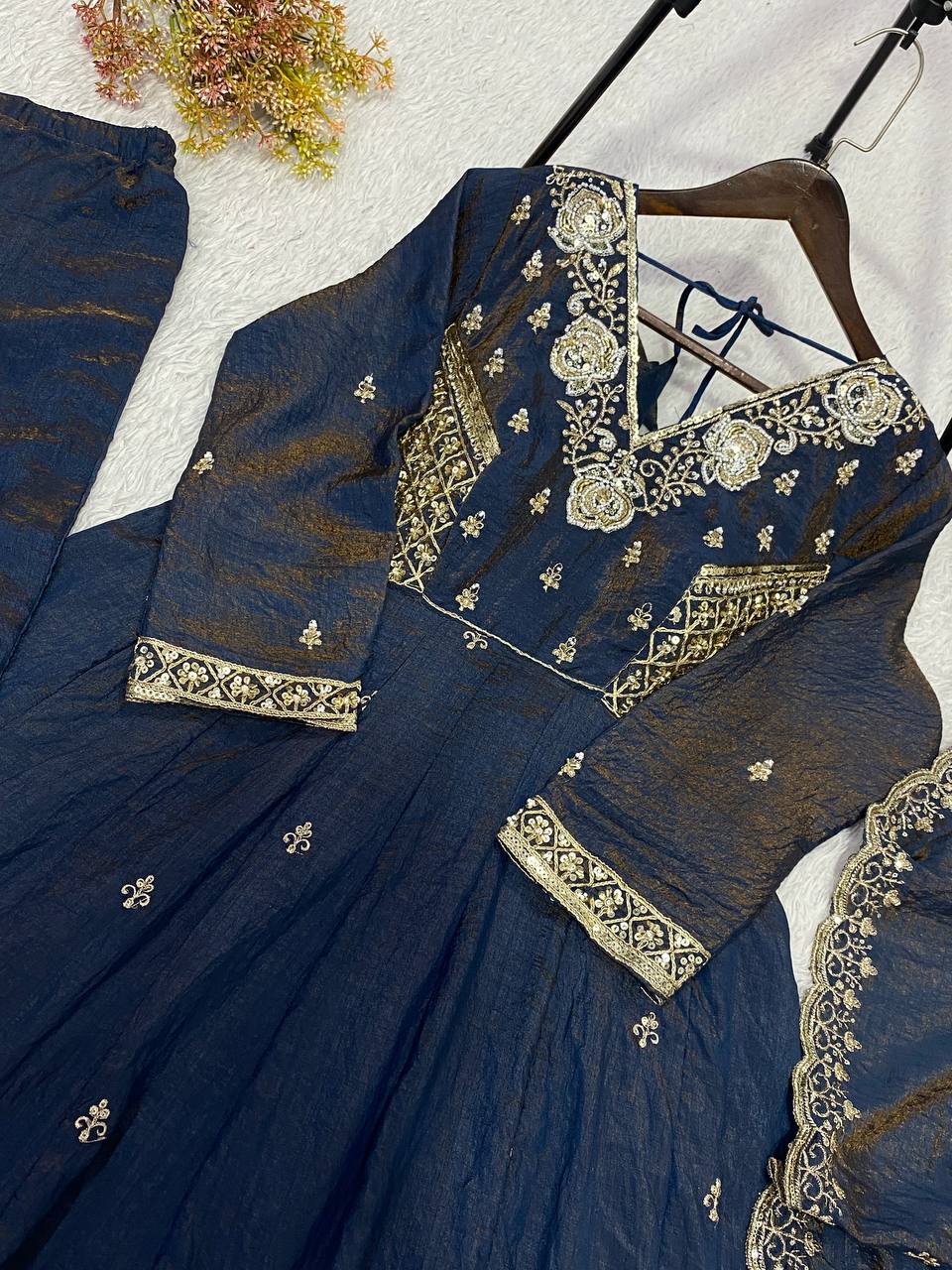 Navy Blue Desi Princess Beads Sequence Embroidered Gown, Pant and Dupatta Set