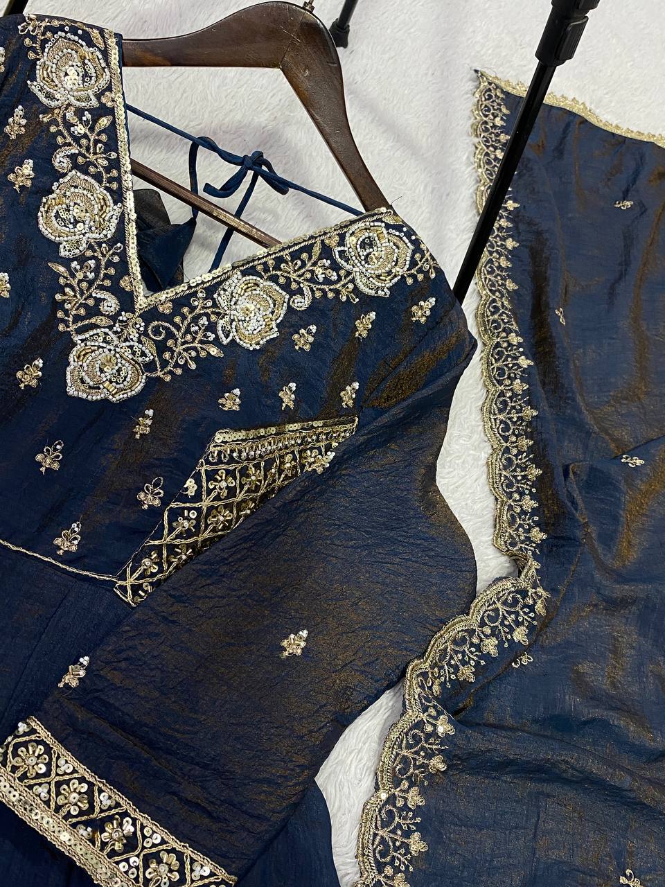 Navy Blue Desi Princess Beads Sequence Embroidered Gown, Pant and Dupatta Set