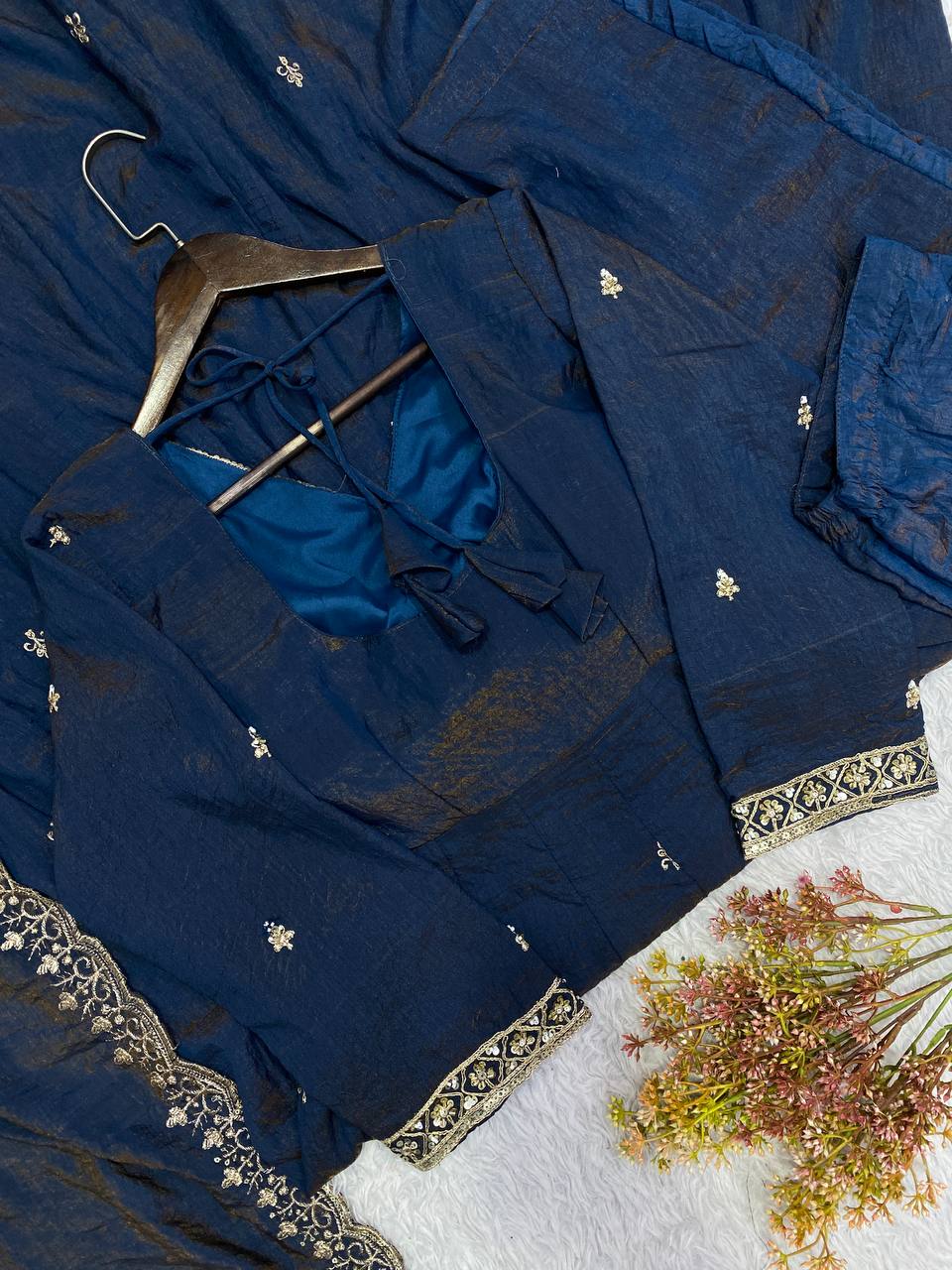 Navy Blue Desi Princess Beads Sequence Embroidered Gown, Pant and Dupatta Set
