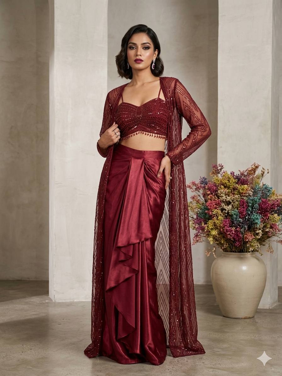 Maroon Sequence Embroidered Party Wear Western Set — Blouse, Skirt and Shrug