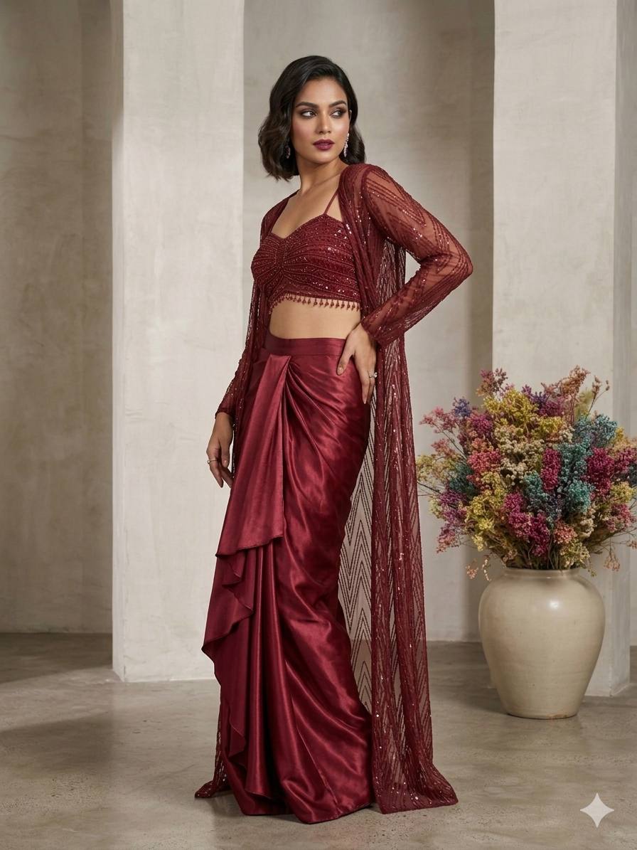 Maroon Sequence Embroidered Party Wear Western Set — Blouse, Skirt and Shrug