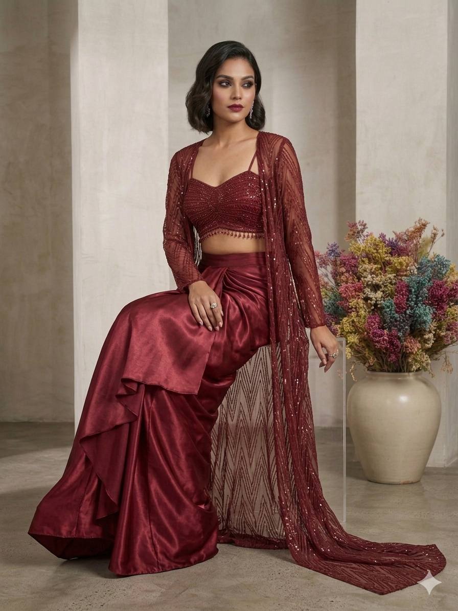 Maroon Sequence Embroidered Party Wear Western Set — Blouse, Skirt and Shrug