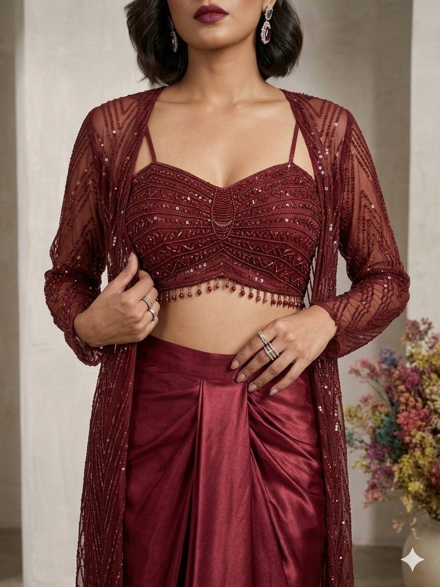 Maroon Sequence Embroidered Party Wear Western Set — Blouse, Skirt and Shrug