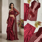 Maroon Sequence Embroidered Party Wear Western Set — Blouse, Skirt and Shrug