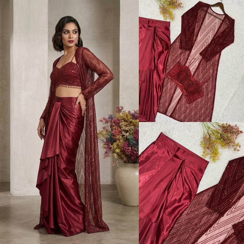 Maroon Sequence Embroidered Party Wear Western Set — Blouse, Skirt and Shrug