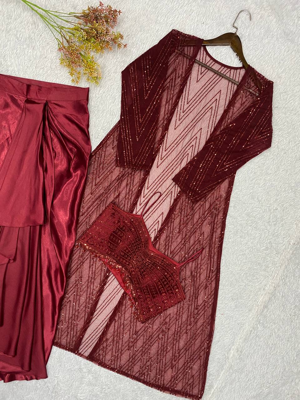 Maroon Sequence Embroidered Party Wear Western Set — Blouse, Skirt and Shrug
