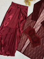Maroon Sequence Embroidered Party Wear Western Set — Blouse, Skirt and Shrug