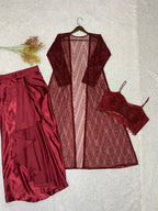 Maroon Sequence Embroidered Party Wear Western Set — Blouse, Skirt and Shrug