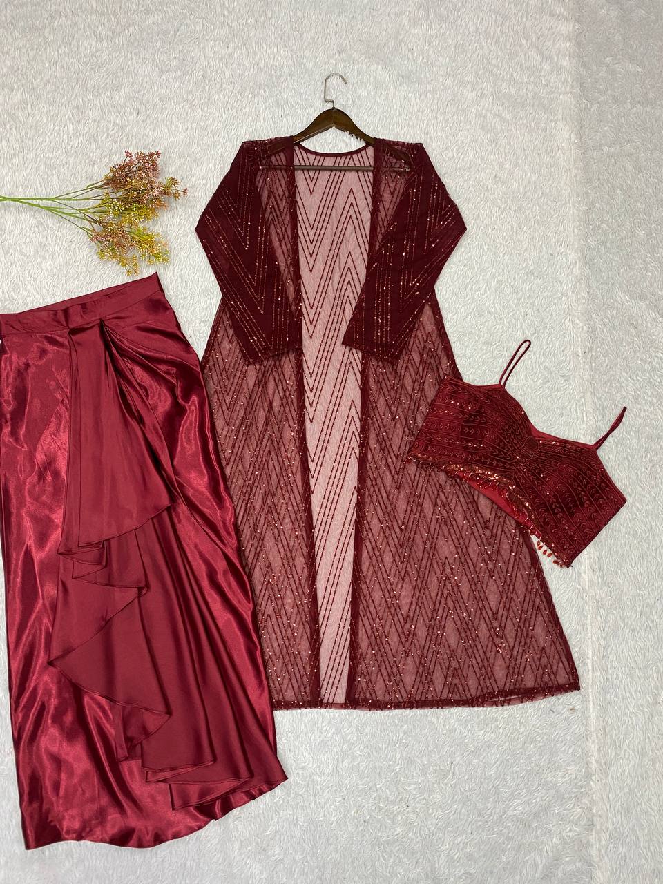 Maroon Sequence Embroidered Party Wear Western Set — Blouse, Skirt and Shrug