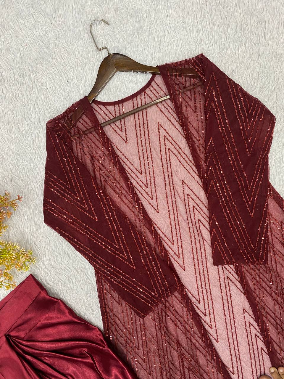 Maroon Sequence Embroidered Party Wear Western Set — Blouse, Skirt and Shrug