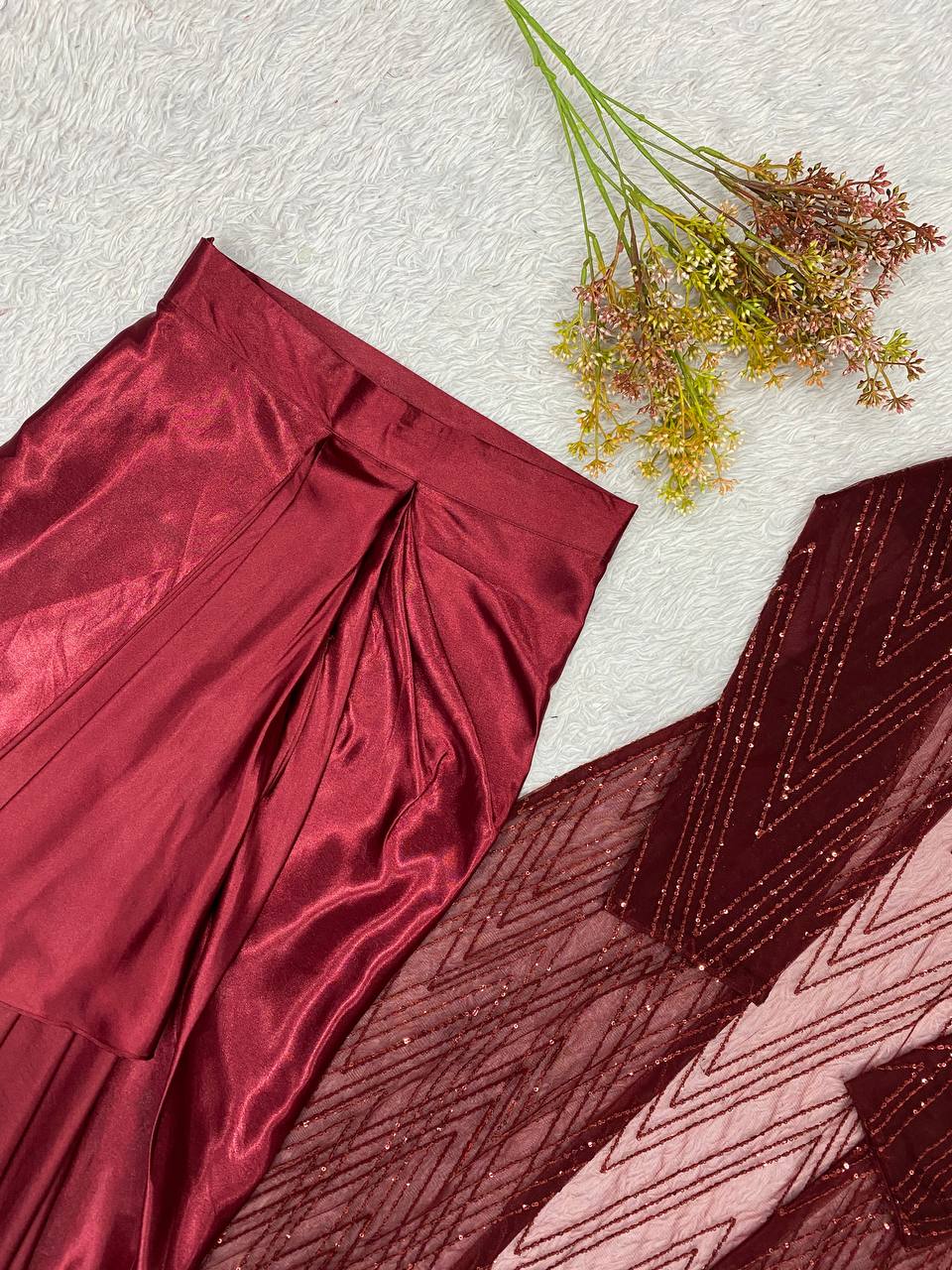 Maroon Sequence Embroidered Party Wear Western Set — Blouse, Skirt and Shrug