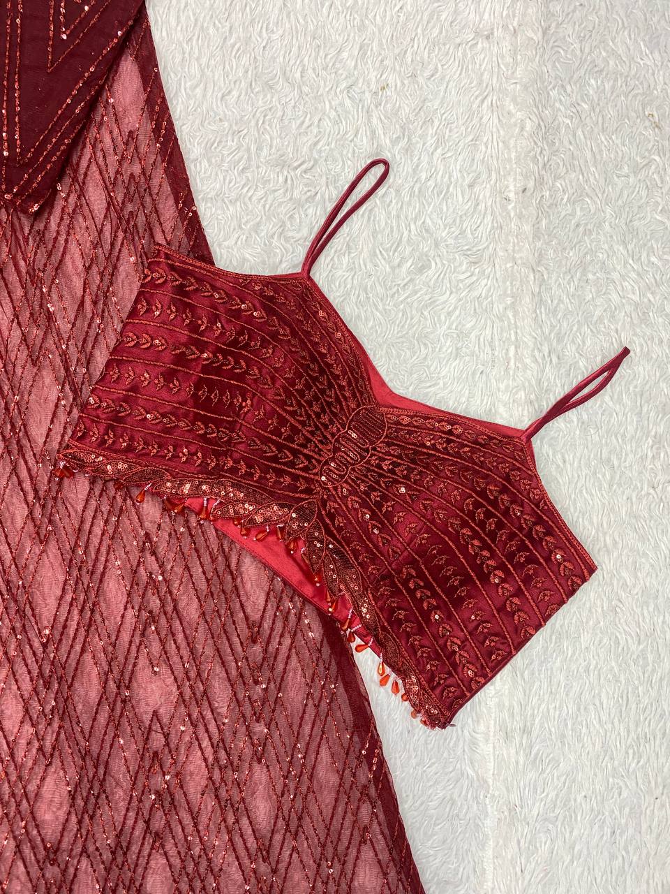 Maroon Sequence Embroidered Party Wear Western Set — Blouse, Skirt and Shrug