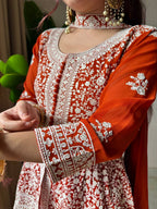 Rust Orange Sequence Embroidered Peplum Top, Palazzo and Dupatta Set